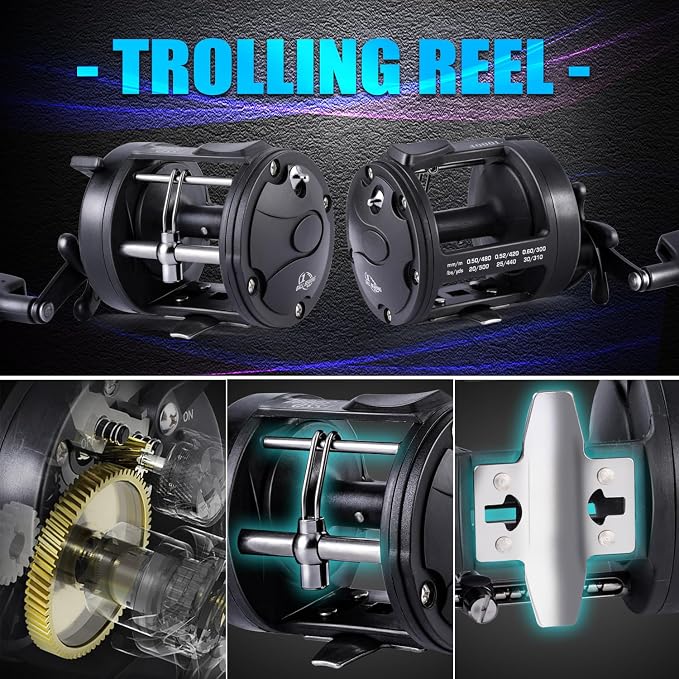 Sougayilang Fiberglass Fishing Pole Conventional Reel Combo with Durable P-Cork Rod Handle, Medium Heavy for Catfish Salmon and Steelhead