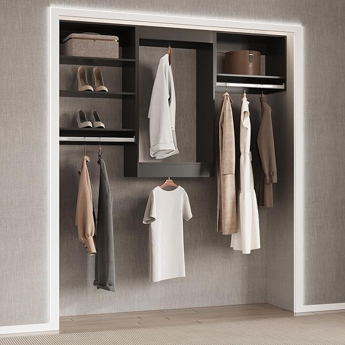 Tall Hanging Closet Unit, Modular Closet System, Wood Closet System Organizer with Storage for Walk In Closets, Clothing Rack Wardrobe Closet for Hanging Clothes, Bedroom, Black, 22.5"W