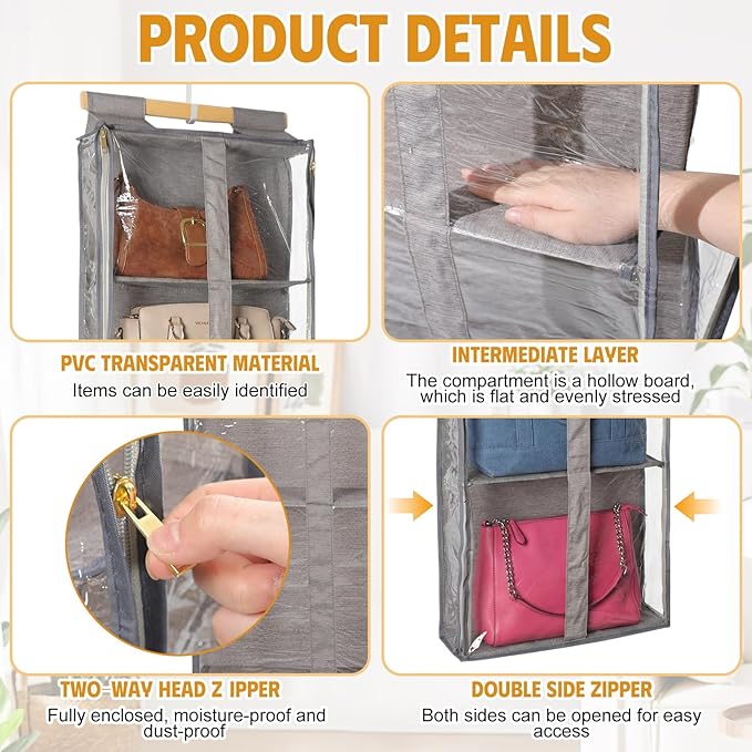 Silkfly 2 Pack Hanging Purse Organizer for Closet Clear Handbag Storage Hanger with Zipper Holder over The Door Wardrobe Tote Bag Storage Holder for Bedrooms Living Room (Brown)