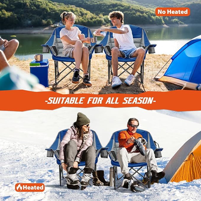 Youtanic Oversized Extra Large Heated Padded Camping Chair up to 500lbs, 3 Heat Levels Camp Chair with Carry Bag, Outdoor Heating Folding Chairs for Adults, Fishing, Sports, Picnic, Gray-Blue
