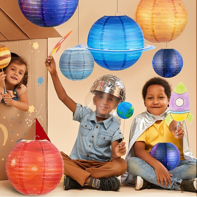 Hortsun 12 Pcs Paper Hanging Lanterns Birthday Decorations 12 Inch, 8 Inch Hanging Paper Lanterns for Party Decoration Supplies (Space)