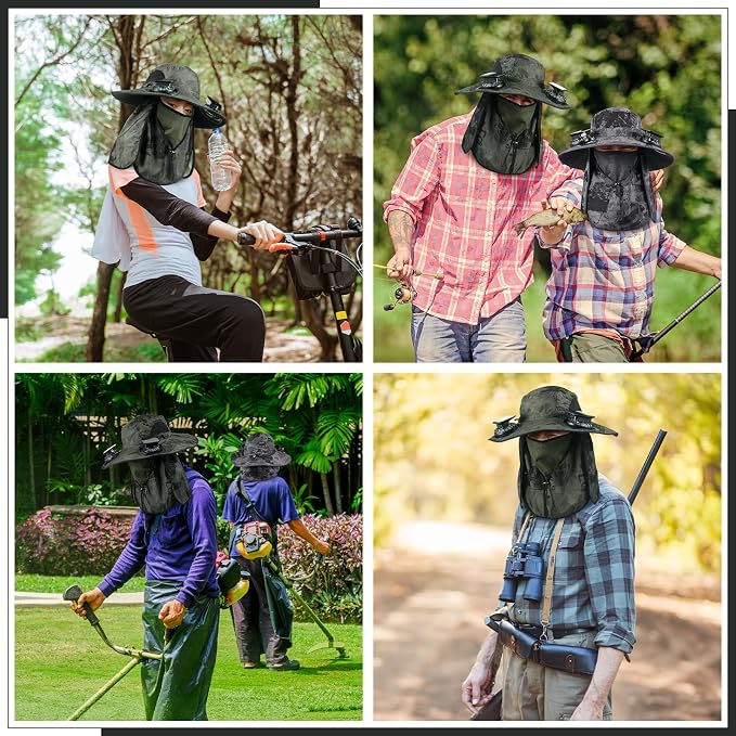 Glitopper 2 Pcs Solar Fan Hat with 2 Fan Wide Brim Removable Face Cover Cooling Fishing Buckets Hats