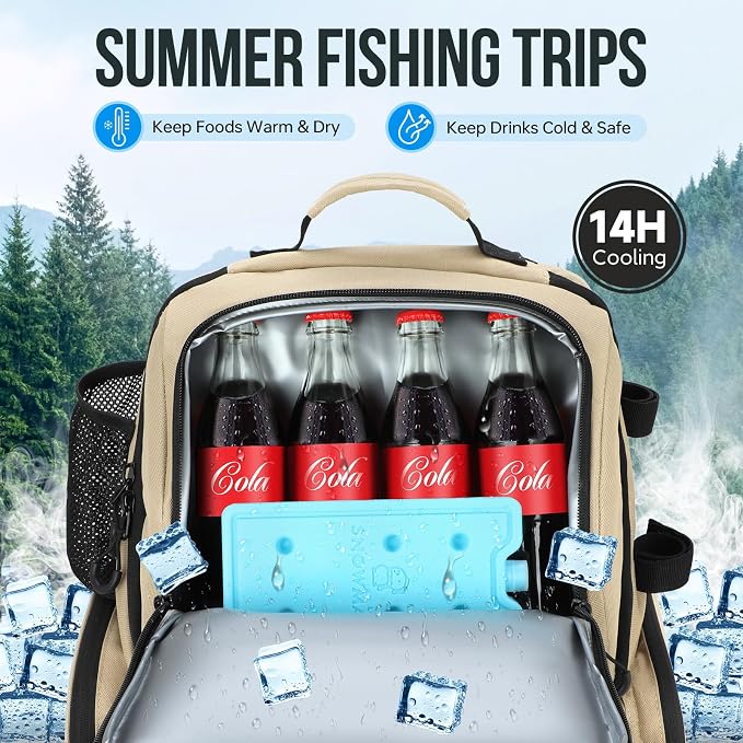 PLUSINNO Cooler Fishing Backpack with Rod Holders 45L Large Water-resistant Fishing Tackle bag Store Fishing Gear Fishing Gifts for Men Father
