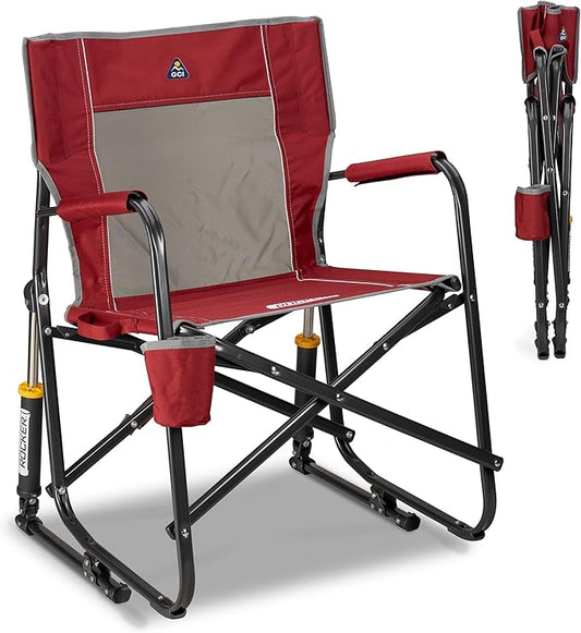 GCI Outdoor Freestyle Rocker Camping Chair | Portable Folding Rocking Chair with Solid, Durable Armrests, Drink Holder & Comfortable Backrest — Cinnamon