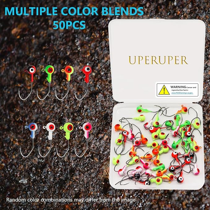 50pcs Fishing Jig Head Hooks kit, Round Ball Fishing Jigs with 3D Eyes Carbon Steel Hooks for Soft Lures Bass Freshwater Saltwater 1/8oz 1/6oz 1/4oz 1/16oz 1/35oz