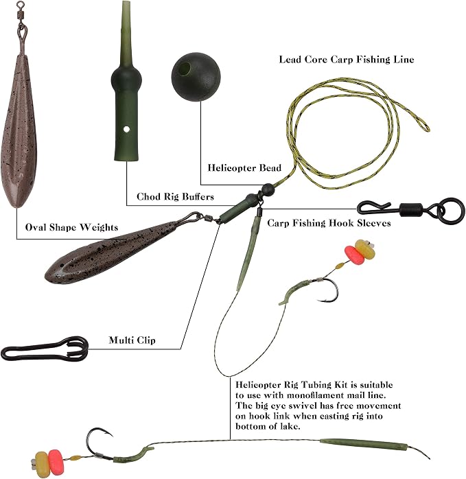 Carp Fishing Rigs Kit Carp Hair Rigs with Carp Sinker Weights Hooks Quick Change Rolling Swivels Sleeves Bait Corns Boilie Leader Rigs Carp Fishing Accessories