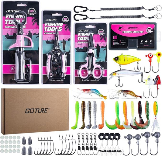 Goture Fishing Tool Kit,Fishing Pliers,Fillet Knife with Sheath,Fish Lip Gripper,Fish Hook Remover,Lanyard,Line Scissors,Sharpener,Stainless Steel Soap,Saltwater Gear Kit,Red/Pink,Gifts for Men/Women