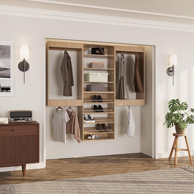 ROOMTEC Modular Closet System, 78" Wall Mounted Closet Organizer with Hanging Rods and Shoe Shelf, Wooden Tower for Walk-In Closets, Wardrobe Storage Kit, Wood