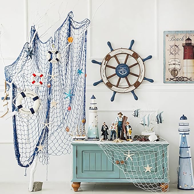 Fangoo 79x39 Inch Nautical Fishing Net Wall Decorations for Under the Sea Party with Shells and Starfish Crafts Bathroom Ceiling Table Decor for Beach Ocean Pirate Wedding Themed Party (blue)