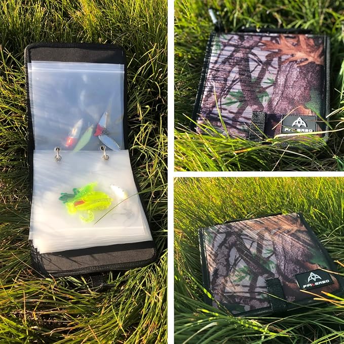 Fishing Tackle Binder Lure Biat Organized Storage Bag for Soft Worms Rigs Jigs and Lines Fishing Tackle Wallet Case with 15+5pcs Transparent Thickened Ziplock Bag (Tree Camouflage)