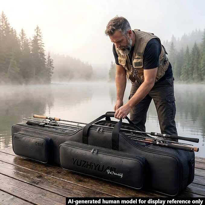 Fishing Rod Bag, 4000D Oxford Waterproof Fishing Rod & Reel Organizer Bag, Roll-Up Foldable Travel Carry Case Holds 6-15 Rods & Tackle, Heavy Duty Fishing Bag for Men