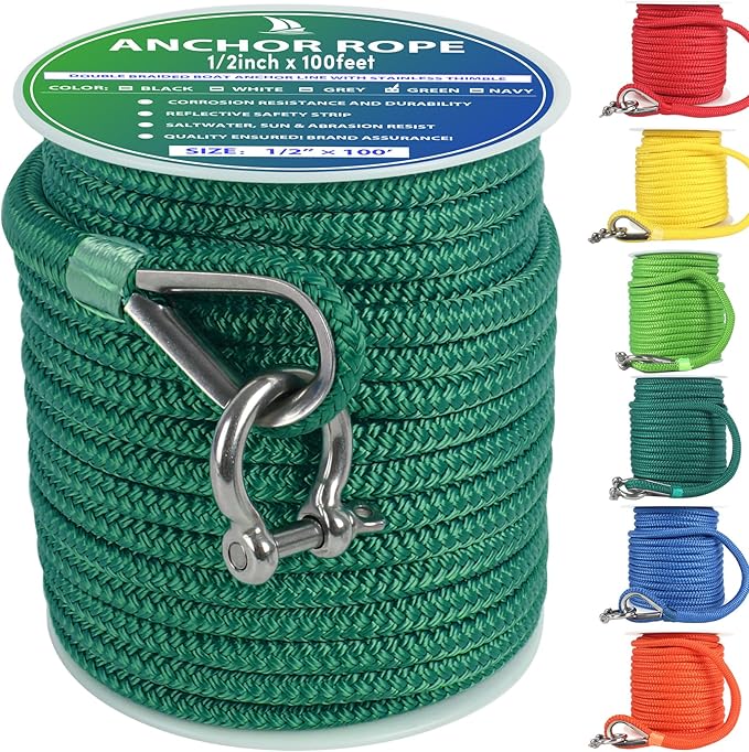 Boat Anchor Rope 100 ft x 1/2 inch Forest Green, Double Braided Anchor Line with Stainless Steel Thimble & Shackle, Marine Rope Ideal for Towing,Mooring,Decks,Anchoring,for Boats Up to 35'