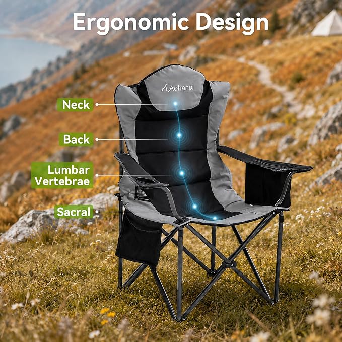 Aohanoi Camping Chairs for Heavy People,Folding Lawn Chairs for Outside Heavy Duty,Outdoor Oversized Chairs for Adult with Cup Holder and Large Cooler Bag,Beach Camp Chairs Supports up to 500lbs