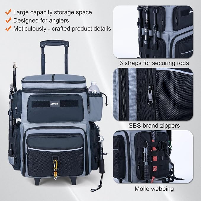Goture 66L Rolling Tackle Box with Cooler, Gray Large Fishing Bag with Wheels for 5 3700 Trays(Trays Not Included), Saltwater Resistant Tackle Backpack with Rod Holders