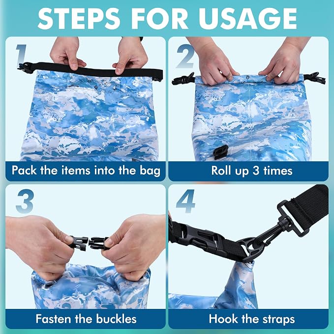VILLEY Dry Bag Waterproof 20L Roll Top Storage Backpack, Keeps Gear Dry Lightweight Backpack for Kayaking Boating Camping Swimming and Beach Accessories Blue Camo