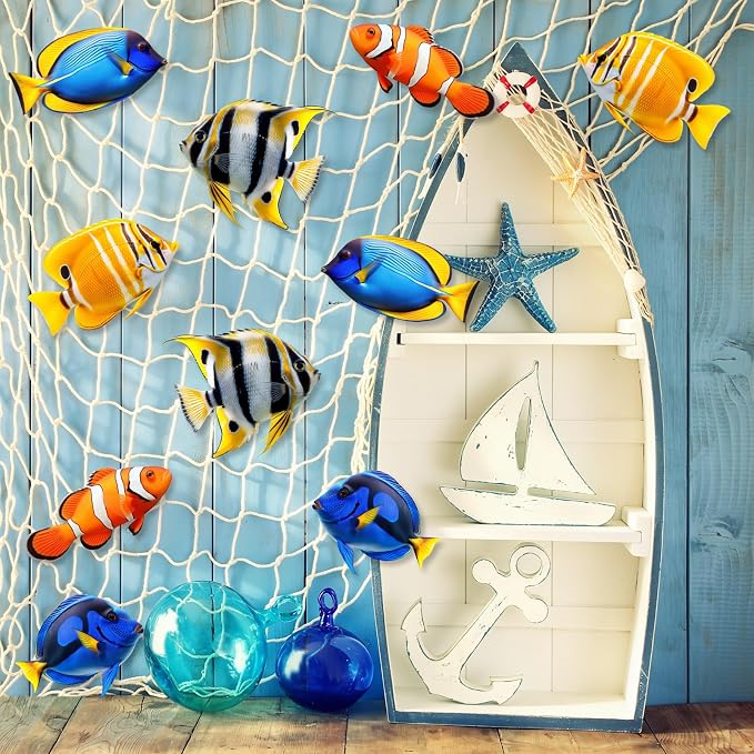 Silipull 11 pcs Tropical Fish Party Decorations Kit Fishing Net Cute Cardstock Photo Prop for Under The Sea Decor Birthday Sea Animal Indoor Outdoor Dessert Table Party Supply
