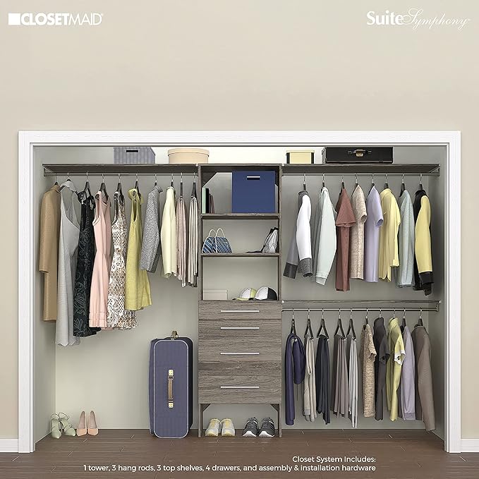 ClosetMaid SuiteSymphony Wood Closet Organizer Kit with Tower, 3 Hang Rods, Top Shelves, 4 Drawers, Modern, Fits Spaces 6 - 10 ft. Wide, Graphite Grey