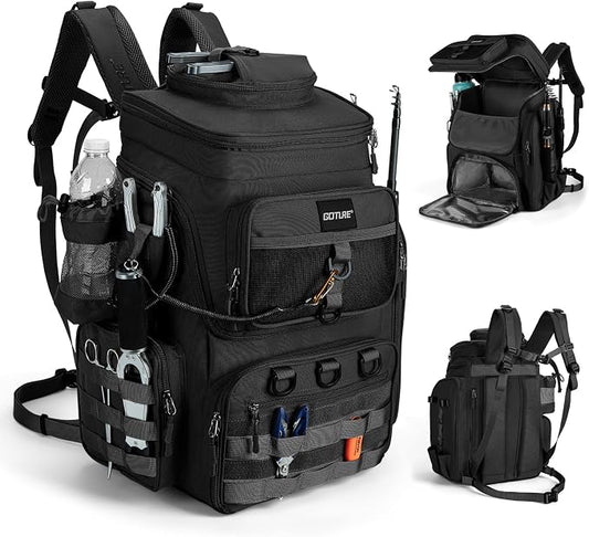 Goture Fishing Backpack, 900D Water-Resistant Tackle Bag with Rod Holders, Insulated Cooler Compartment, 55L Large Capacity Fishing Gear Storage for Saltwater&Freshwater Camping Hiking,Gifts for Men