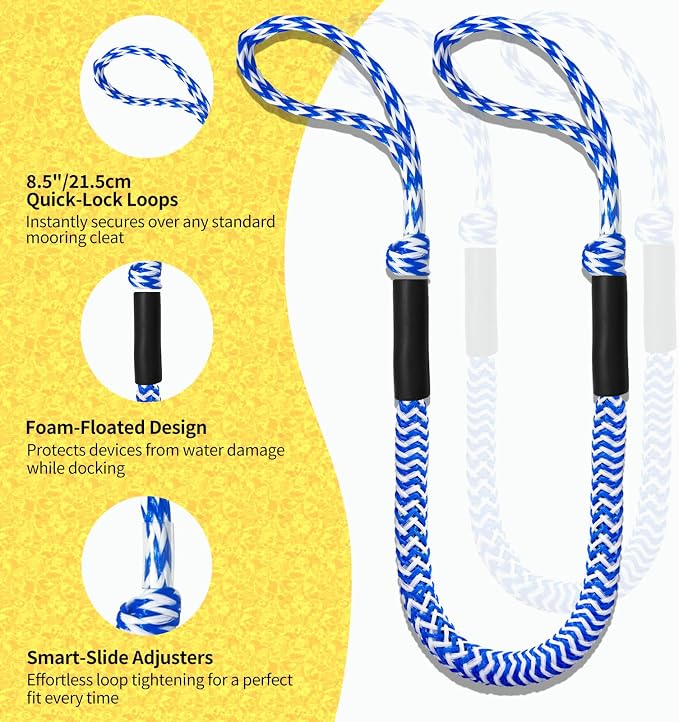 2-Pack Bungee Dock Lines for Boats with Loops, Boat Tie Downs for Docking, Adjustable Boat Mooring Rope for Pontoon, Jon Boat & PWC (Blue & White Waves, 4 FT)