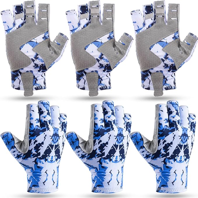 Unittype 3 Pairs Fishing Gloves, UPF50 Fingerless Sun Protection Gloves for Outdoor Fishing, Breathable Non-Slip Grip, Sky Blue