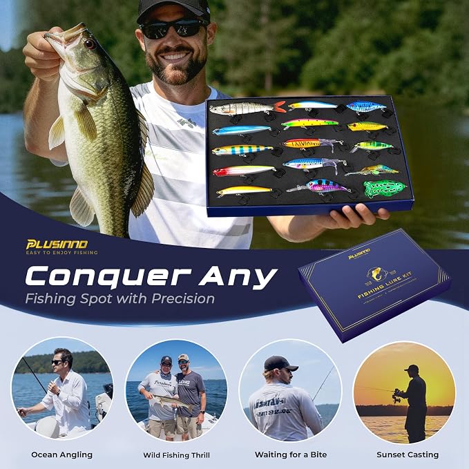 PLUSINNO Fishing Lures - Tackle Box, Bass Fishing Lures for Freshwater and Saltwater, Trout Fishing Gear & Bait, Fishing Gifts for Men,Father