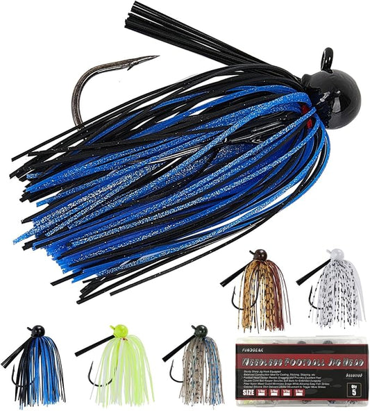 Weedless Football Jigs for Bass Fishing, Multi-Coloured Finesse Football Jig Heads with Vivid Hand-Tied Silicone Skirt and Weed Guard 1/4 3/8 1/2 3/4oz (Pack of 5)
