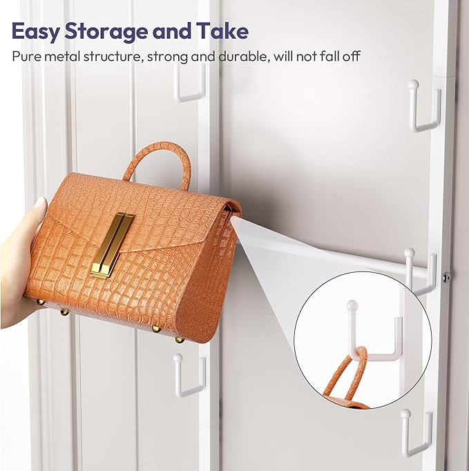 SWTYMIKI Over The Door Purse Organizer - Wall Mounted Purse Rack with 16 Hooks and Metal Basket, Handbag Hanger Organizer Holds up to 16 Bags, Bag Rack Can Use As 1/2 Part, for Door, Closet