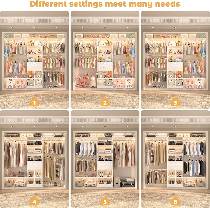 Closet System - 5-8FT Closet Organizer System with Wooden Drawers & Cube Storage Organizer, Up To 96" Closet Systems for Nursery & Walk-In Closets with Cuttable Hanging Shelving, White