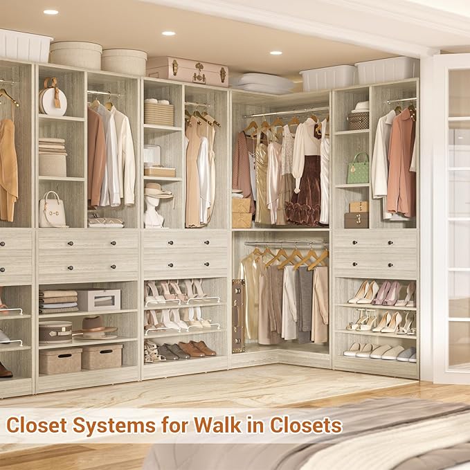 Closet System with 2 Drawers, 3 Hanging Rods, 59.5" * 31.5" Closet Organizer System with Corner Tower, Reversible L Shaped Walk-in Closet System, Corner Closet System Set of 2, Greige Oak