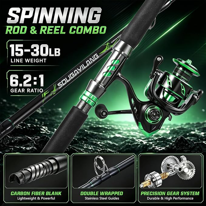 Sougayilang Big Game Spinning Combo – 7ft MH 2-Piece Rod, 33LB Drag, 6.2:1, 12+1 Bearings, 4000 Reel for Catfish, Pike, Carp – Heavy Duty Lake & River