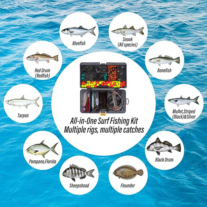 Dr.Fish 269 Pieces Surf Fishing Tackle Box Kit, Saltwater Ocean Beach Fishing Gear Supplies, Lure&Rig Accessories, Bucktail Jigs Saltwater Lures Walking Bait Surf Casting Pyramid Sinkers