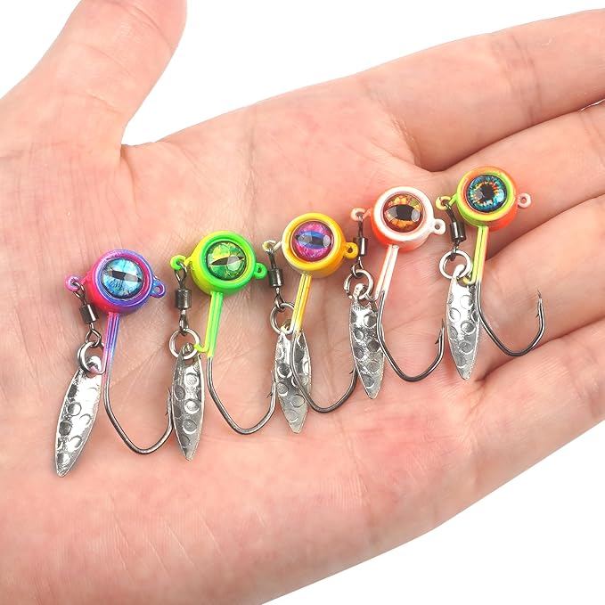 Crappie Jig Heads Fishing Lures Kit, 25pcs Underspin Jig Heads with Spinner Blade Eye Ball Head Painted Crappie Lures Fishing Jigs for Bass, Trout, Panfish, Sunfish