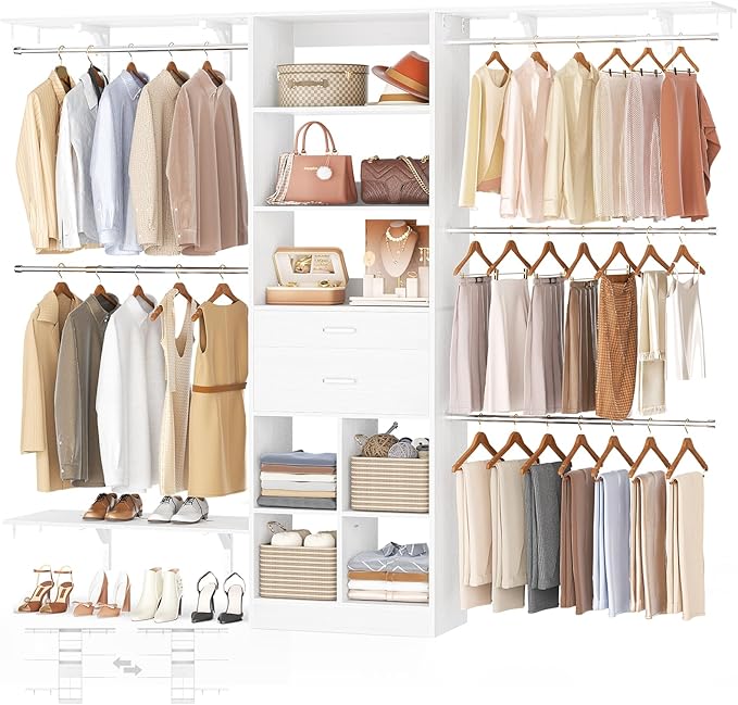 Closet System - 5-8FT Closet Organizer System with Wooden Drawers & Cube Storage Organizer, Up To 96" Closet Systems for Nursery & Walk-In Closets with Cuttable Hanging Shelving, White