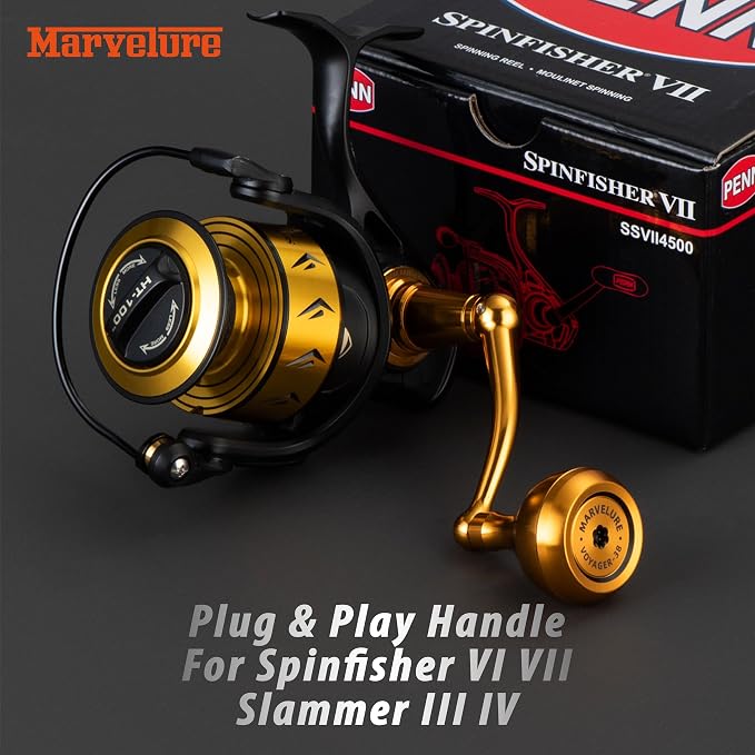 Foldable Power Handle Compatible for Penn Spinfisher VI VII, Slammer III IV (Not for Spinfisher Long Cast/V/SS) (Gold - Voyager Version, for Slammer/Spinfisher 2500-4500 Thread)