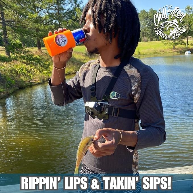 Made in USA | Fishing Can Cooler from Shark Tank | Hard Shell Drink Holder with Hand Line Reel | Fits Most Can Sleeves or Coozies | Unique Fishing Gift for Men | Retail Box Packaging | Orange