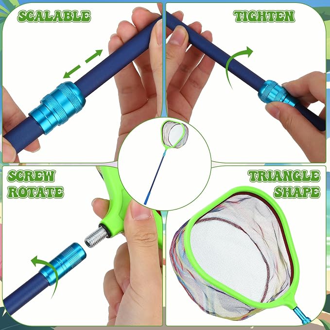 2 Pack Telescopic Kids Fishing Net with Handle, 2 Collapsible Bucket Sand Pail, Stainless Steel Foldable Fishing Net Small Fishing Butterfly Bug Net Beach Shovel with Storage Bag