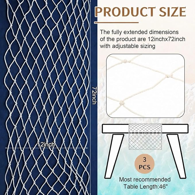 SATINIOR 3 Pcs Fish Net Party Decorations Fishing Net Table Runner 12x72'' Decorative Nautical Cotton Fishnet for Pirate Mermaid Hawaiian Ocean Beach Under the Sea Themed Party Decor (Natural)
