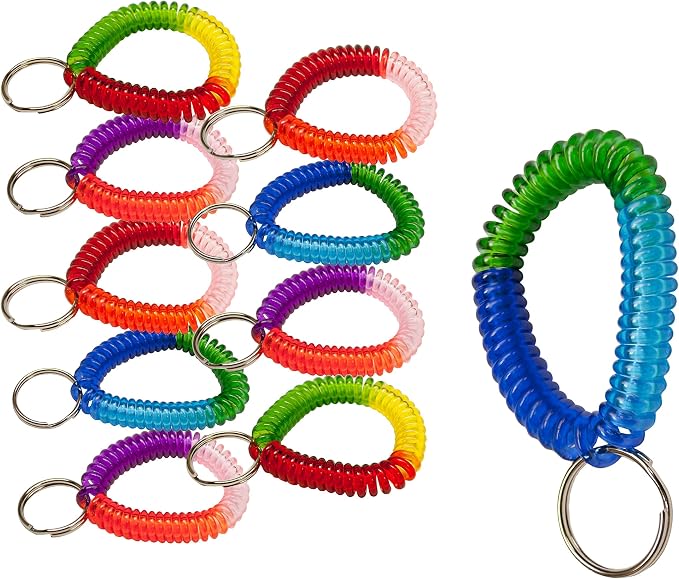 Lucky Line 2” Spiral Wrist Coil with Steel Key Ring, Multi-Color Flexible Wrist Band Key Chain Bracelet, Stretches to 12”, 25 PK, Assorted Colors (41077)