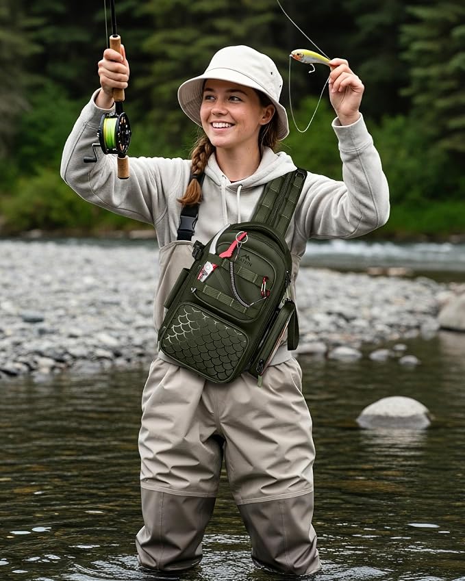 MATEIN Fishing Sling Bag with Lure Rod Holder & Phone Pouch, Waterproof 3600 Tackle Box Backpack with Removable Bait Binder