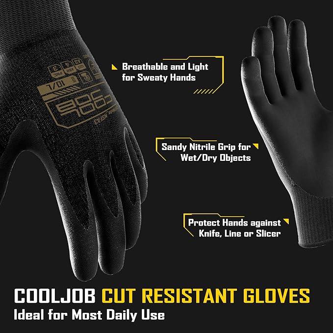 COOLJOB A3 Cut Resistant Safety Work Gloves with Nitrile Grip, Touchscreen & Flexible for Gardening Fishing Construction