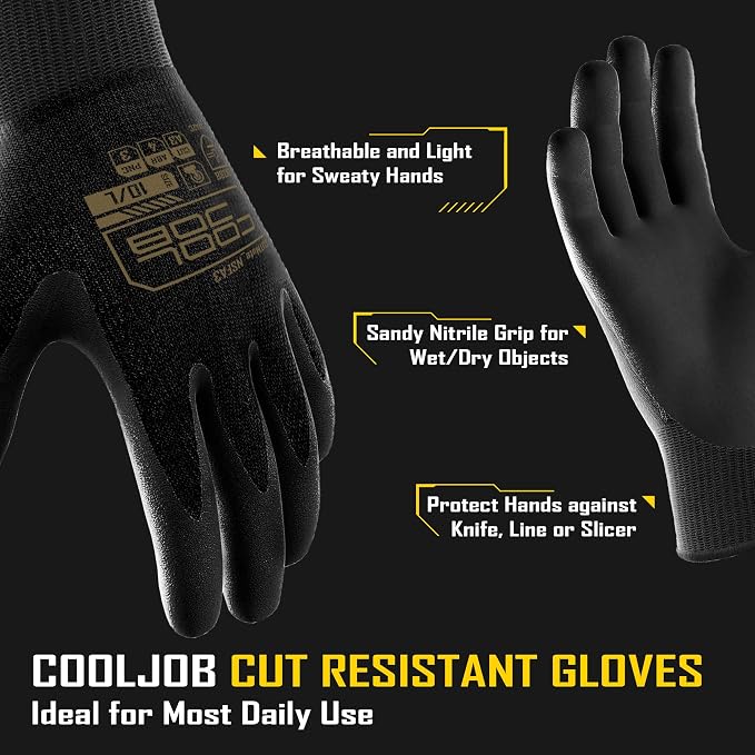 COOLJOB A3 Cut Resistant Safety Work Gloves with Nitrile Grip, Touchscreen & Flexible for Gardening Fishing Construction