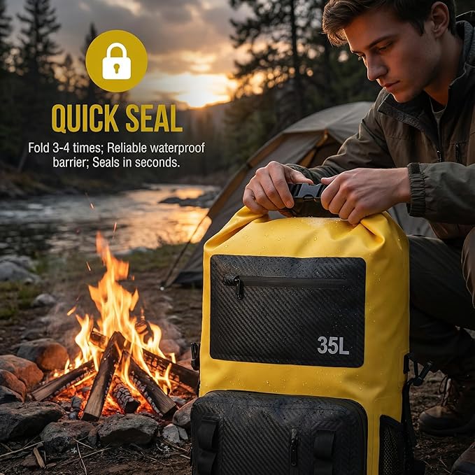 Greencity 100% Waterproof Roll-Top Dry Bag Backpack with Front Splash-Proof Pocket, Lightweight Floating Pack for Kayaking, Hiking & Travel,35L (Yellow-black)