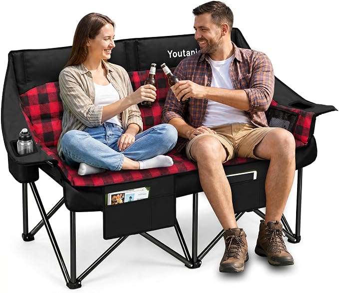 Youtanic Double Camping Chair, Heavy Duty 650lbs Padded Loveseat for Adults, Folding 2 Person Camp Couch with Cup Holder & Carry Bag, Wide Plaid Portable Lawn Seat for Outdoor Beach Sports, Red-Black