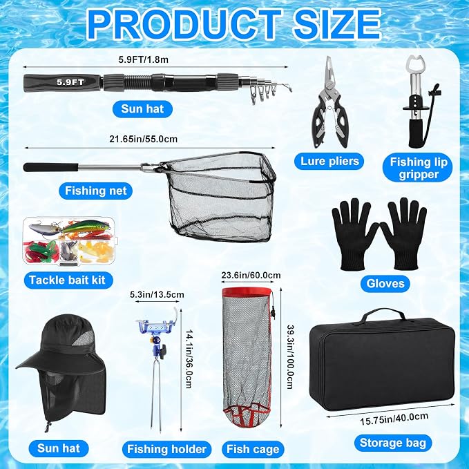 Father's Day Telescopic Fishing Rod Kit, 6.89ft/5.91ft 2 Pcs Collapsible Rod for Him with Landing Net, Tackle Bag, Gloves, Lures, Pliers, Gift for Dad for Saltwater Freshwater Fishing