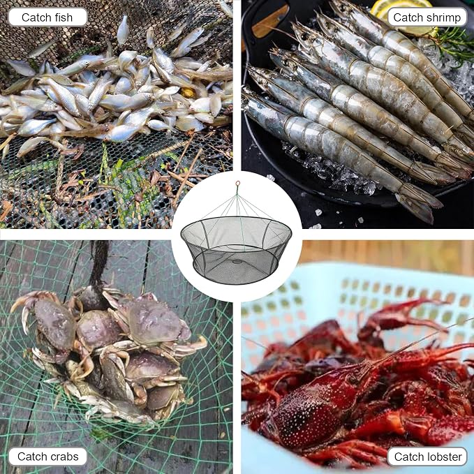 Portable Folded Fishing Net, Crab Net Fish Net with Fishing Rope, Hand Casting Cage Crab Net, Foldable Fishing Mesh Trap for,Minnows,Lobster,Crawfish, Shrimp etc.