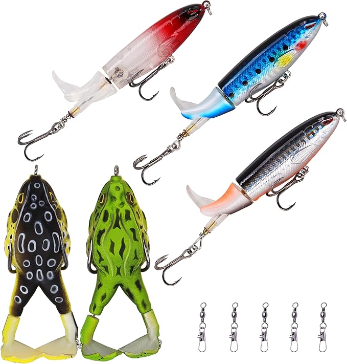 Topwater Bass Fishing Lure Kit, Plopping Propeller Tail Bigger Splash Whopping, Soft Plastic Frog Bait 3D Eyes Lifelike Body Pattern, for Bass Snakehead Musky Pike Walleye, 5 pcs…