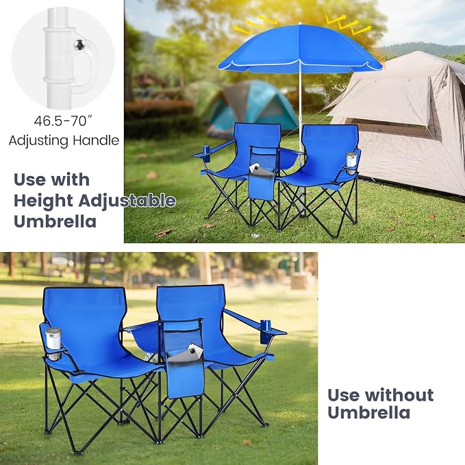 Tangkula Double Camping Chairs with Umbrella, Portable 2 Seat Folding Camp Chair with Cooler Bag, Beverage Holder, Carrying Bag, Foldable Lawn Chair for Outside, Fishing, Picnic, Beach