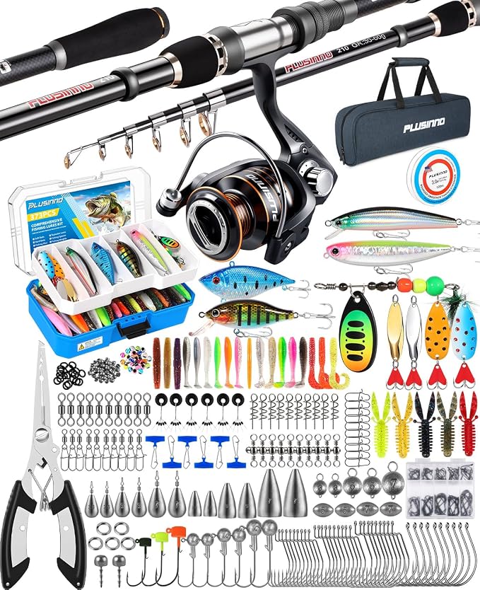 PLUSINNO Fishing Gear - Telescopic Fishing Rod and Reel Combo with Tackle Box, Collapsible Rod and Lures Box, Travel Fish Pole Starter Kit, Fishing Accessories Tackle Lure Kit Gifts for Men Bass Trout