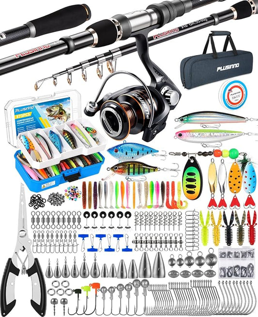 PLUSINNO Fishing Gear - Telescopic Fishing Rod and Reel Combo with Tackle Box, Collapsible Rod and Lures Box, Travel Fish Pole Starter Kit, Fishing Accessories Tackle Lure Kit Gifts for Men Bass Trout