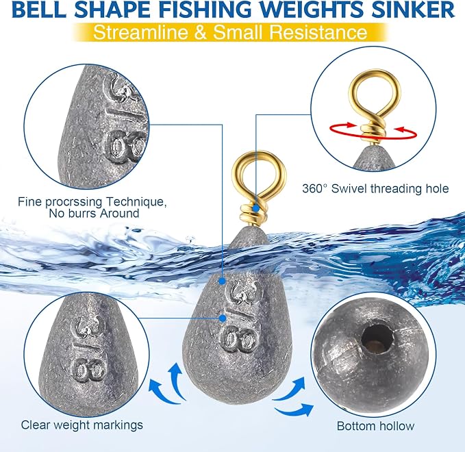 Bass Casting Swivel Bell Sinkers Fishing Weights Drop Shaped Fishing Sinkers Catfish Weights for Ocean Saltwater Surf Bass Casting Gear Tackle